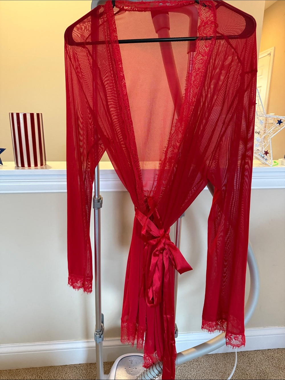 Red Sheer Lace-Trim Robe with Satin Tie
